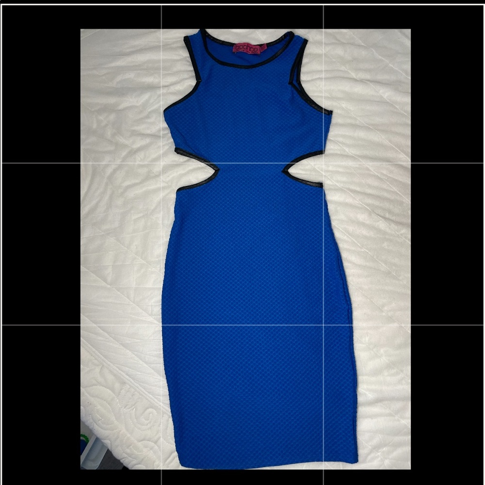 BooHoo side cut-out blue dress; size small